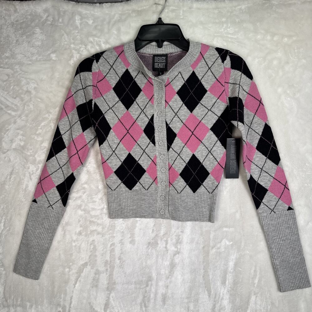 Sm Derek Heart Argyle Knit Button Front Cardigan Sweater Crew Neck Long Sleeve